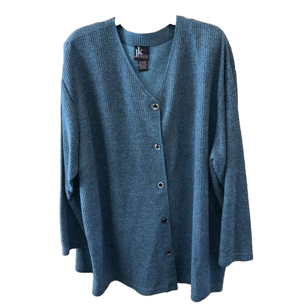JK Knits Cardigan Long Sleeve V Neck 26 28 Teal Vintage V Neck Button Ribbed